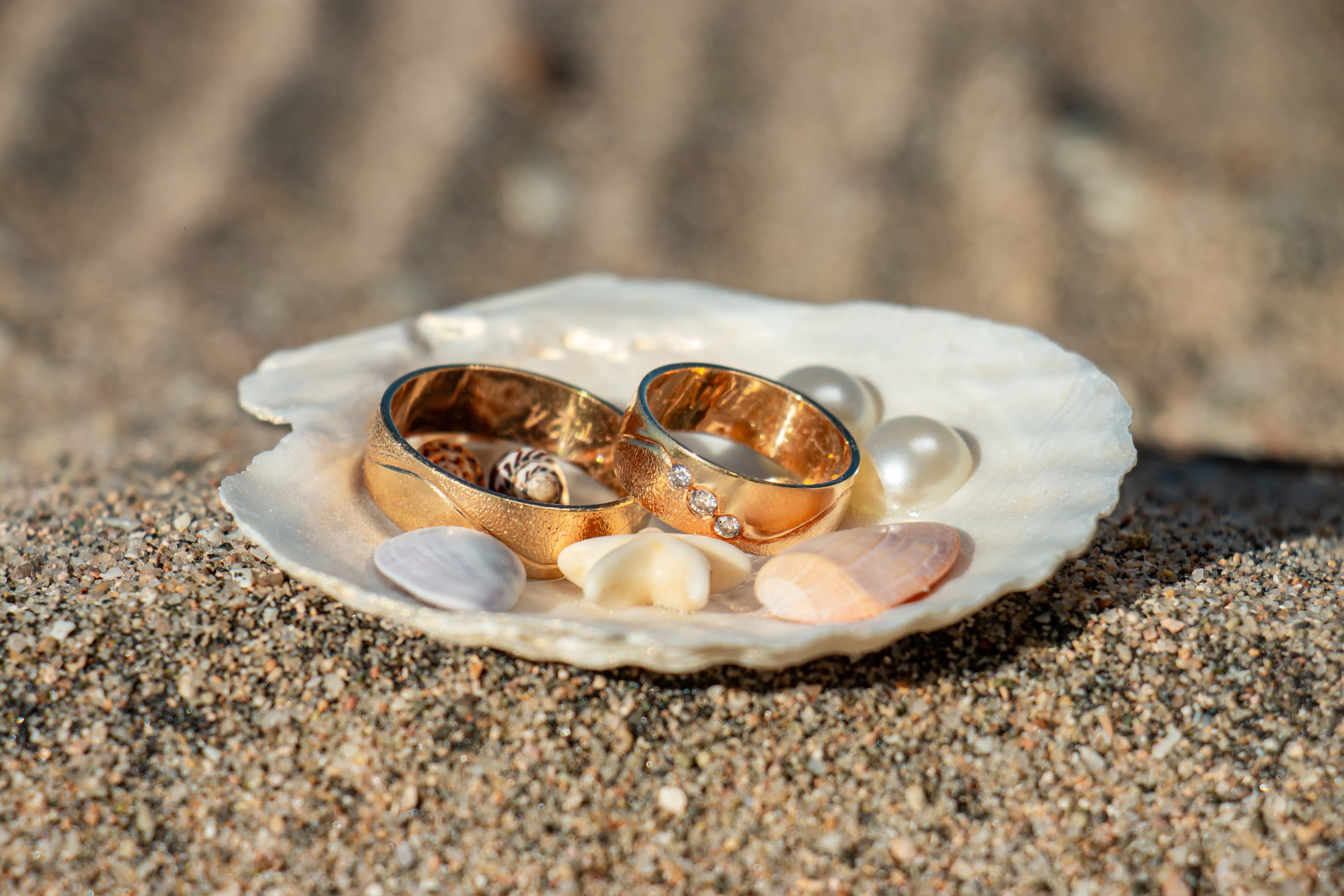 Two gold rings resting on a scallop shell surrounded by seashells and pearls on sandy beach.
